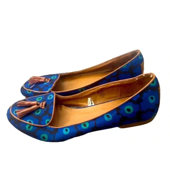 MERONA LOAFER FLAT FLOWER PRINT SHOES BLUE AND TAN FAUX LEATHER TRIM SIZE 8 - Picture 2 of 10
